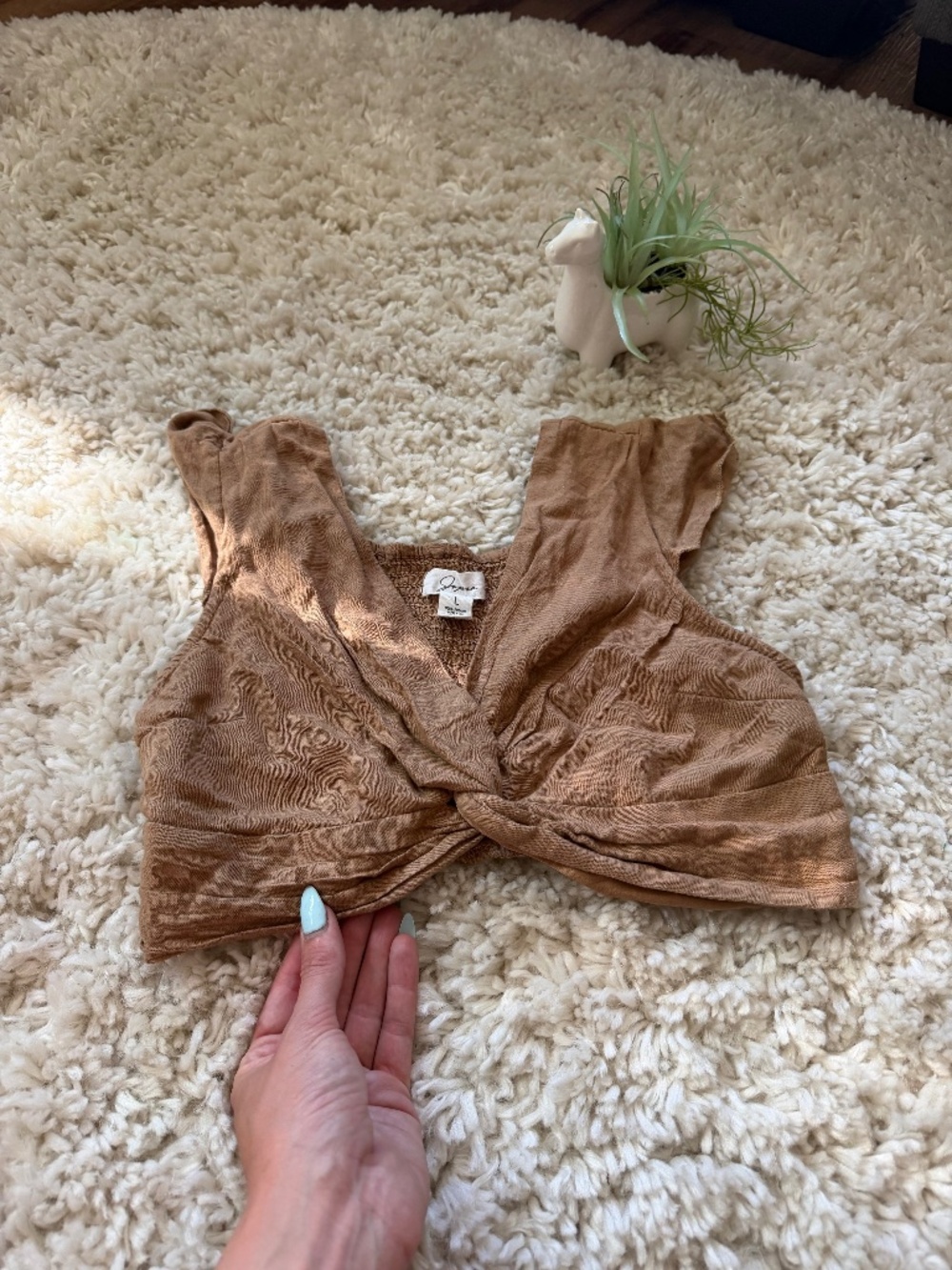 Soft Jasper Twist-Front summer women’s going out Crop Top in Warm Brown top in w